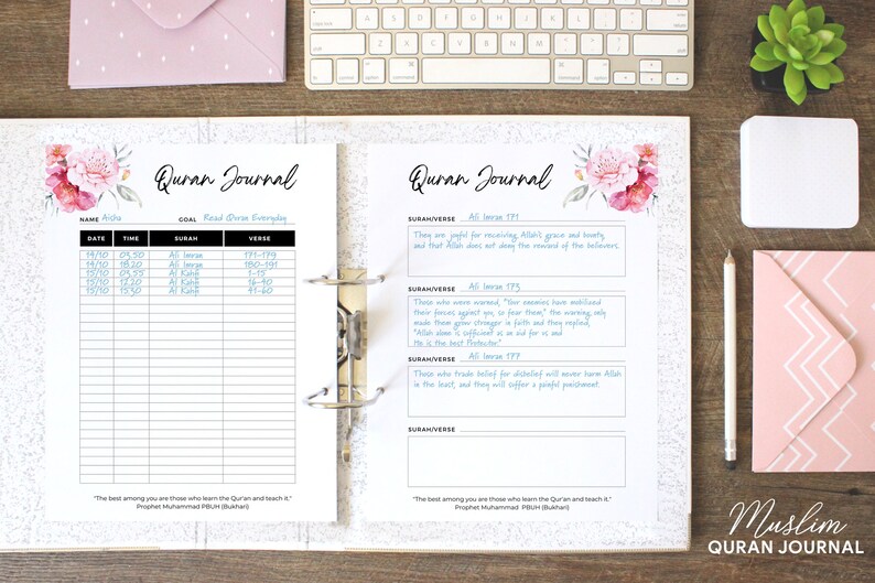 May include: A pink and white floral design on the cover of a Muslim Quran journal. The journal has a section for recording the date, time, surah, verse, and notes. The text on the cover reads "Muslim Quran Journal".
