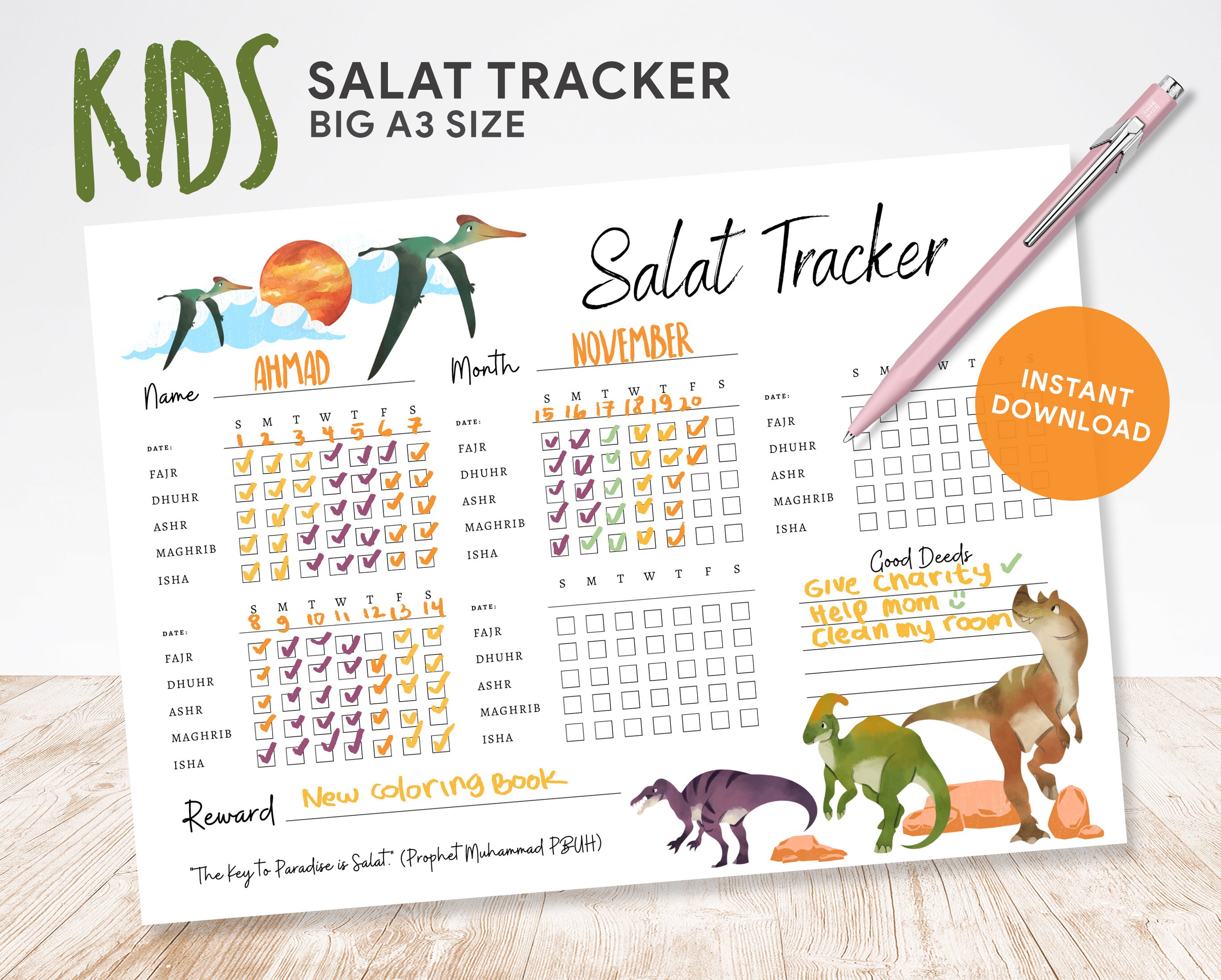 Kids Salat Tracker Dinosaur, Printable, Muslim Children Planner, Muslim Prayer Tracker, Prayer Checker Islamic Journal, Salah Journal