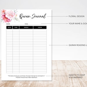 May include: A printable Quran journal with a floral design. The journal has sections for name, goal, date, time, surah, and verse. It also includes a quote from the Prophet Muhammad PBUH (Bukhari): "The best among you are those who learn the Qur'an and teach it."