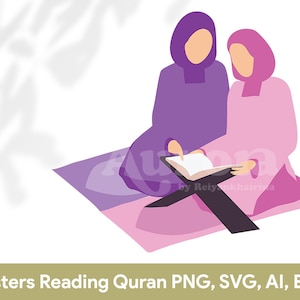 Muslim Sisters Reading Quran SVG, Muslim Praying SVG, Islamic Illustration SVG, Hijab Women Vector, Hijabi Girls Vector, Islamic Clipart