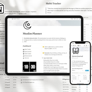 May include: A screenshot of a Muslim Planner app on a tablet and a Quran Journal app on a smartphone. The planner app has a dashboard with a timer, a list of features, and a daily tracker. The Quran Journal app has a list of Quran recitations and a daily tracker.
