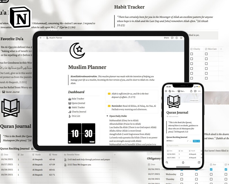 May include: A screenshot of a Muslim Planner app on a tablet and a Quran Journal app on a smartphone. The planner app has a dashboard with a timer, a list of features, and a daily tracker. The Quran Journal app has a list of Quran recitations and a daily tracker.