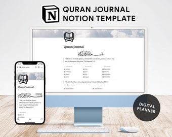 デジタル コーラン ジャーナル、Notion テンプレート、Notion プランナー、イスラム教ジャーナル、デジタル トラッカー、コーラン トラッカー、コーラン プランナー、イスラム教ジャーナル