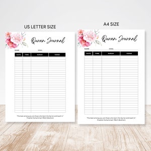 May include: Two printable Quran journal templates, one in US Letter size and one in A4 size. Both templates feature a floral design with pink and white flowers. The journal pages include columns for name, goal, date, time, surah, and verse.