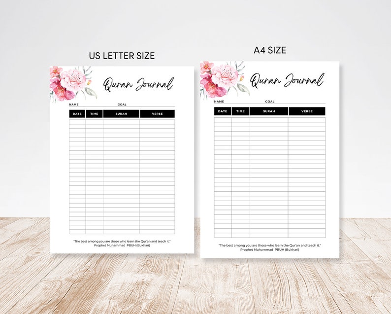 May include: Two printable Quran journal templates, one in US Letter size and one in A4 size. Both templates feature a floral design with pink and white flowers. The journal pages include columns for name, goal, date, time, surah, and verse.