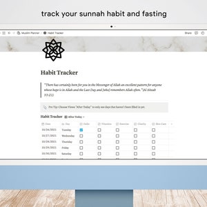 May include: A computer screen displaying a habit tracker app with a quote from the Quran. The app allows users to track their daily habits, including dukr, vitamins, exercise, charity, and skin care. The app has a feature to only view days that haven't been filled in yet.