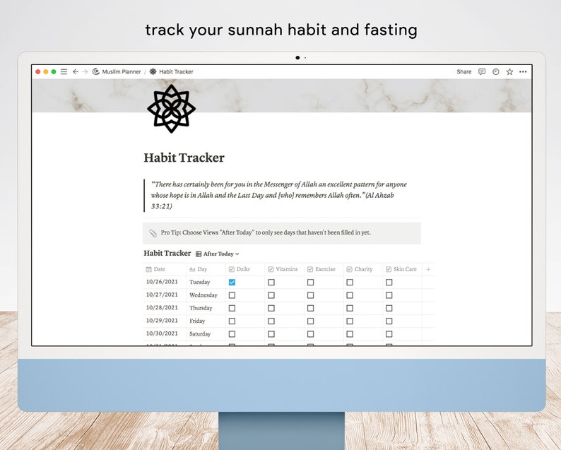 May include: A computer screen displaying a habit tracker app with a quote from the Quran. The app allows users to track their daily habits, including dukr, vitamins, exercise, charity, and skin care. The app has a feature to only view days that haven't been filled in yet.