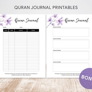 May include: Printable Quran journal pages with a floral design. The pages include sections for name, goal, date, time, surah, verse, and surah/verse. The quote "The best among you are those who learn the Quran and teach it." - Prophet Muhammad PBUH (Bukhari) is included at the bottom of the page.