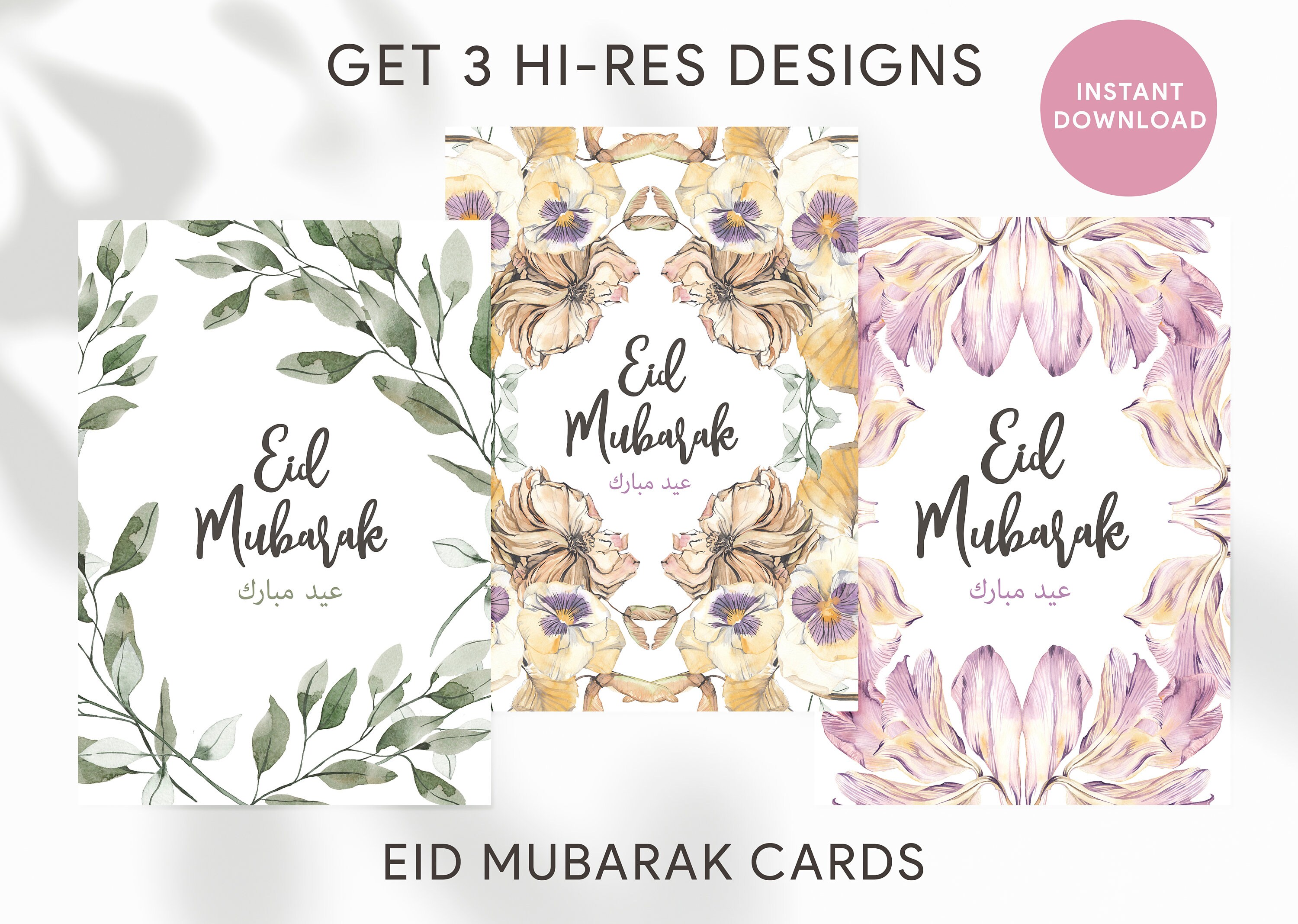 Elegant Floral Eid Mubarak Greeting Card Printable, Eid Mubarak Card Bundle, Eid Card Pack, Eid Card Set Digital Print, Ramadan Card