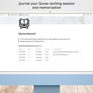 May include: A screenshot of a computer screen showing a Quran Journal app. The app has a table with columns for date, juz, surah, verse, and favorite verse. The table is filled with data about the user's Quran reciting sessions. The app also has a quote from the Quran at the top.