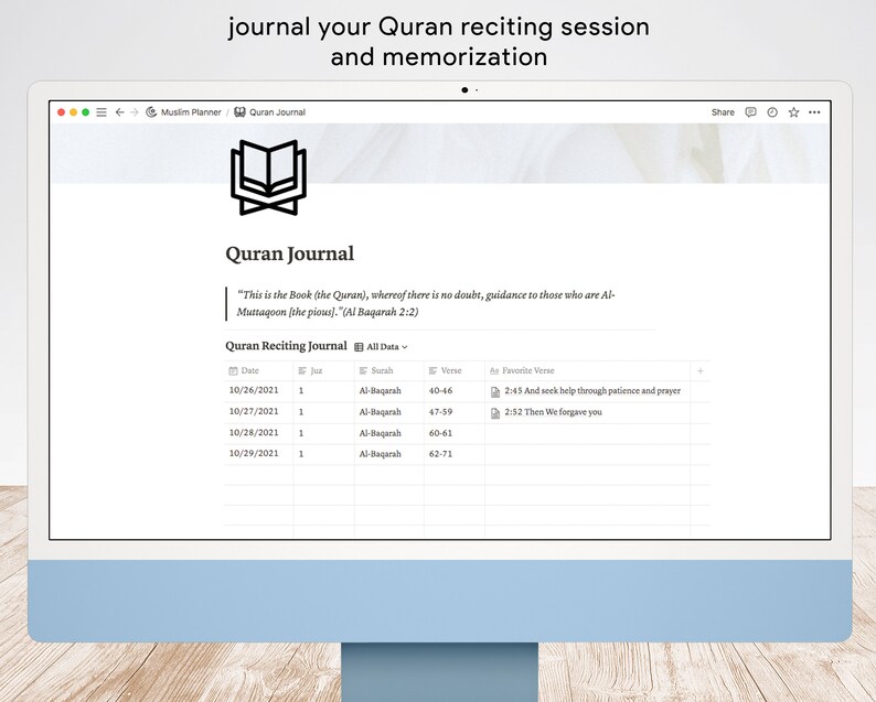 May include: A screenshot of a computer screen showing a Quran Journal app. The app has a table with columns for date, juz, surah, verse, and favorite verse. The table is filled with data about the user's Quran reciting sessions. The app also has a quote from the Quran at the top.