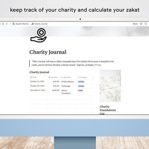 May include: A computer screen displaying a website for a Muslim planner app. The website features a charity journal with a table listing dates, amounts, receivers, and categories of donations. The text on the screen reads "keep track of your charity and calculate your zakat" and "Charity Journal".