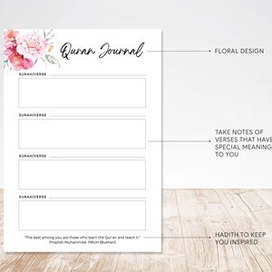 May include: A printable Quran journal with a floral design. The journal has four sections for writing down surah and verse numbers. The quote "The best among you are those who learn the Qur'an and teach it" is at the bottom of the page.