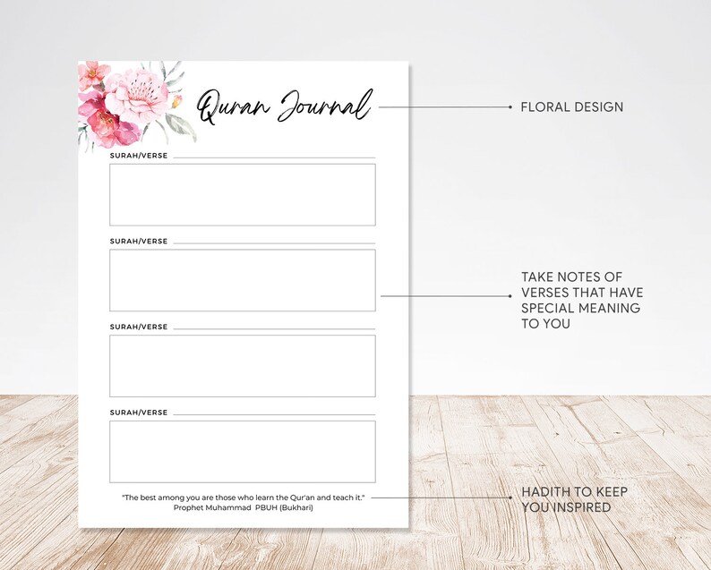 May include: A printable Quran journal with a floral design. The journal has four sections for writing down surah and verse numbers. The quote "The best among you are those who learn the Qur'an and teach it" is at the bottom of the page.