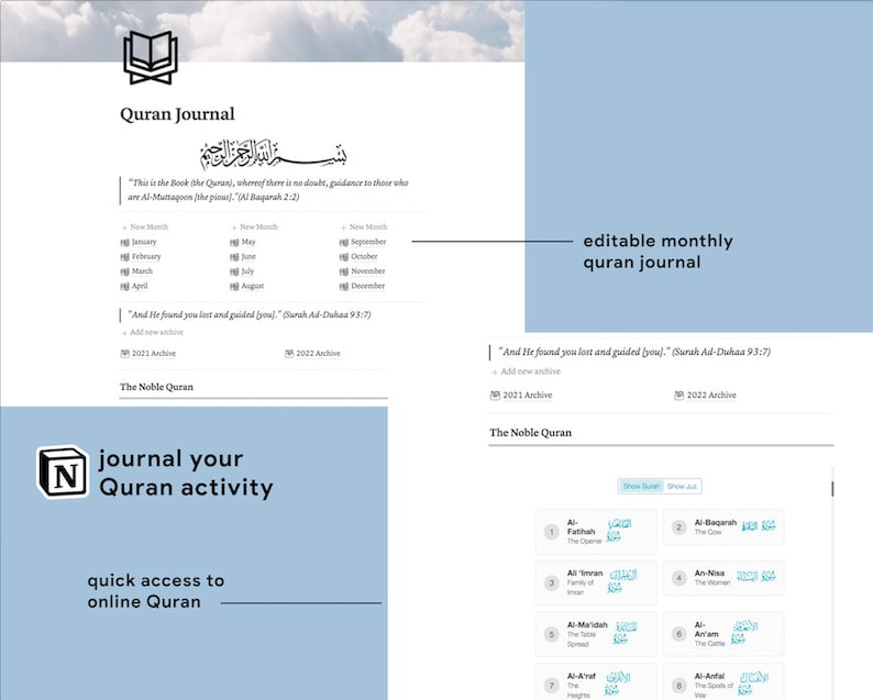 Digital Quran Journal Notion Template Notion Planner Muslim Etsy UK