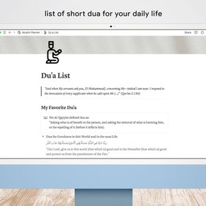 May include: A computer screen displaying a website with the title "Du'a List". The website features a list of short Islamic prayers for daily life, including a definition of dua and a prayer for goodness in this world and the next life.