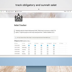 May include: A computer screen displaying a digital calendar for tracking daily prayers. The calendar is titled "Salat Tracker" and includes a quote from the Prophet Muhammad (SAW) about the importance of prayer. The calendar has checkboxes for each prayer time, including Fajr, Dhuhr, Asr, Maghrib, and Isha.