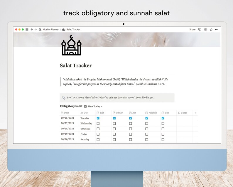 May include: A computer screen displaying a digital calendar for tracking daily prayers. The calendar is titled "Salat Tracker" and includes a quote from the Prophet Muhammad (SAW) about the importance of prayer. The calendar has checkboxes for each prayer time, including Fajr, Dhuhr, Asr, Maghrib, and Isha.