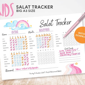 Kids Salat Tracker Rosa + BONUS, Imprimible, Planificador de Niños Musulmanes, Rastreador de Oración Musulmana, Diario Islámico Verificador de Oración, Diario Salah