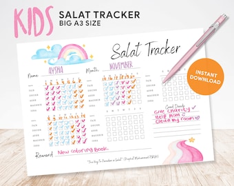 Kids Salat Tracker Pink + BONUS, Printable, Muslim Children Planner, Muslim Prayer Tracker, Prayer Checker Islamic Journal, Salah Journal