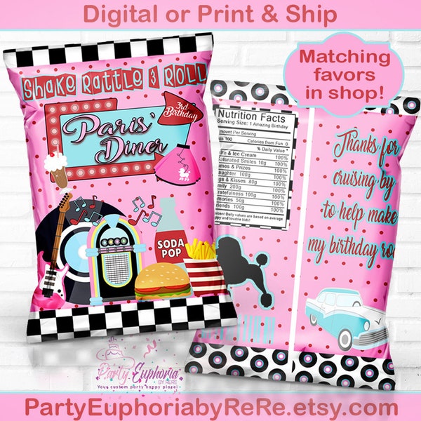 Sock Hop Birthday | 50s Diner | 50s Birthday | Poodle Skirt | Personalized Favor Bag | Chip Bag | Goody Bag | Details in Description