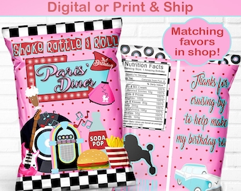 Sock Hop Birthday | 50s Diner | 50s Birthday | Poodle Skirt | Personalized Favor Bag | Chip Bag | Goody Bag | Details in Description