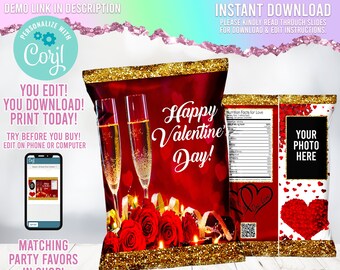 Feliz día de San Valentín Bolsa de chips Día de San Valentín para él Tarjetas de San Valentín Favores de compromiso Favores de boda Un amor Corjl Tema 008