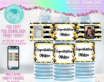Etiquetas de botellas de agua de graduación amarillas y negras Fiesta de graduación Favores de fiesta de graduación 2023 Graduación Senior 2023 Tema Corjl 009