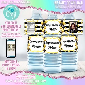 Yellow and Black Graduation Water Bottle Labels Graduation Party Graduation Party Favors 2023 Graduation Senior 2023 Corjl Theme 009
