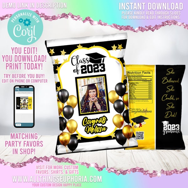 Editable Yellow and Black Graduation Chip Bag Graduation Party Graduation Gifts Graduation Chip Bag Template Graduation 2023 Corjl Theme 009