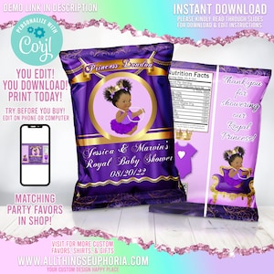 Princess Baby Shower | It&#39;s a Girl | Baby Girl | Chip Bag | Princess Baby | Royal Baby Shower | Purple Baby Shower | Corjl Theme 002