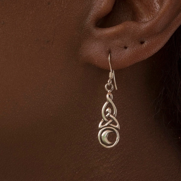Celtic Moon Drop Earrings in Sterling Silver