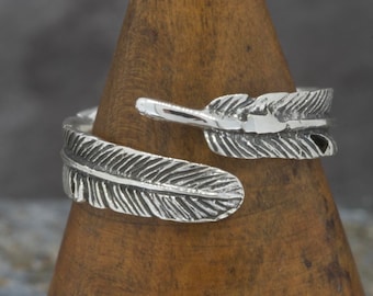 Adjustable Wrap Around Sterling Silver Feather Ring