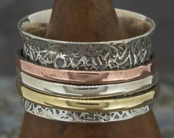 Handmade Sterling Silver Fidget Ring with Copper & Brass Spinners