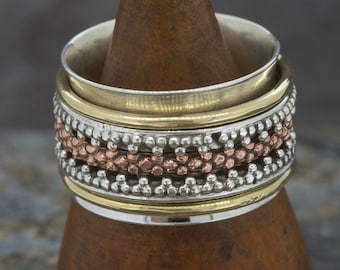 Sterling Silver Fidget Ring with Copper and Brass|Mixed Metal Spinner