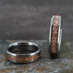 Tungsten Carbide Celtic Dragon Ring Rose Gold Inlay (6mm wide)