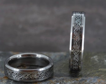 Anillo de dragón celta de carburo de tungsteno con incrustaciones de plata/anillo para él y para ella (banda de 6 mm)