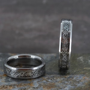 Tungsten Carbide Celtic Dragon Ring Silver Inlay|His and Hers Ring (6mm band)