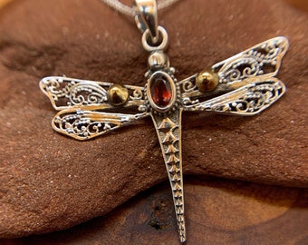 Dragonfly Garnet Pendant Sterling silver and brass