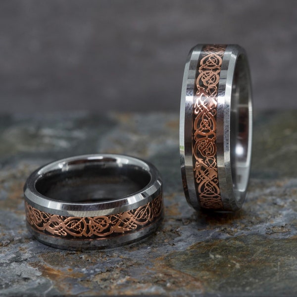 Tungsten Carbide Celtic Dragon Rose Gold Ring Inlay (8mm wide)