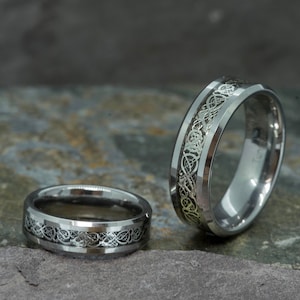 Tungsten Carbide Celtic Dragon Ring| Silver Inlay Matching Rings  (8mm Band)