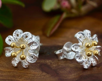 Flower Stud Earring with Sterling Silver and 18ct Gold