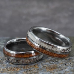 Sustainable Koa Wood and Stag Antler Tungsten Ring (8mm wide)
