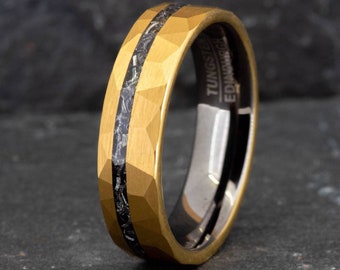Hammered Tungsten Carbide Ring Gold with Meteorite Inlay (6mm wide)