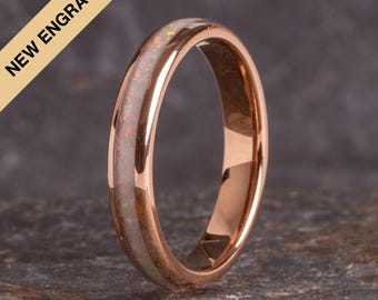 Rose Gold &amp; White Opal Tungsten Ring (4mm wide)