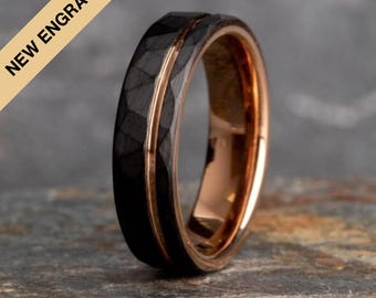 Hammered Black Tungsten Ring with Rose Gold Accent (6mm wide)