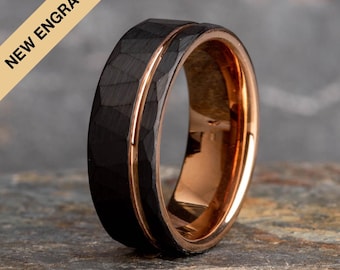 Hammered Black Tungsten Ring with Rose Gold Accent (8mm wide)