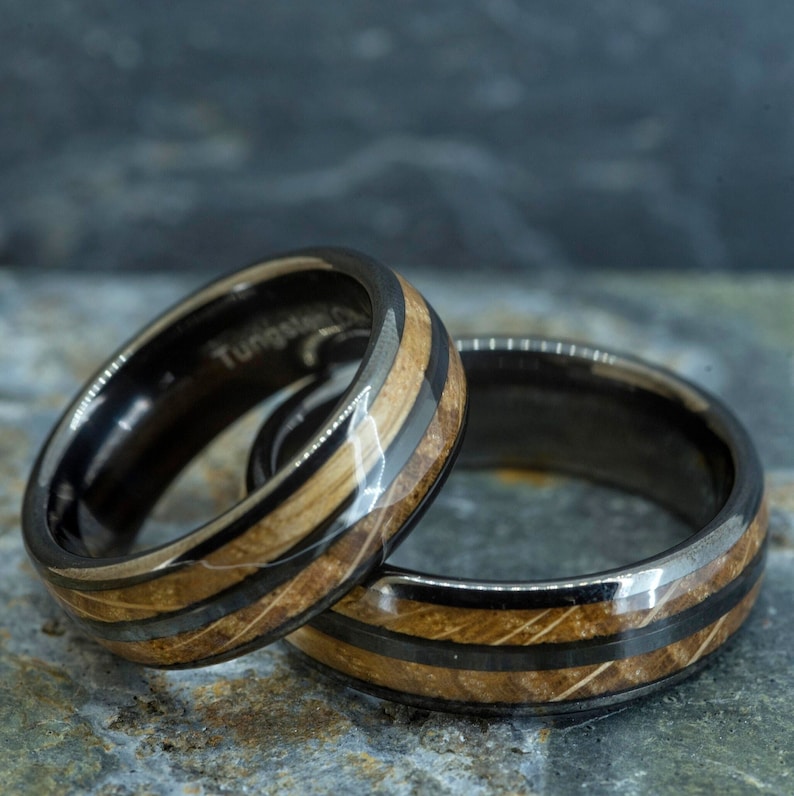 Whisky Barrel Wood & Black Tungsten Ring 8mm wide image 1