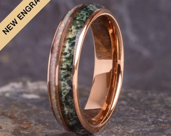 Rose Gold Moss Agate & White Opal Tungsten Ring (6mm wide)