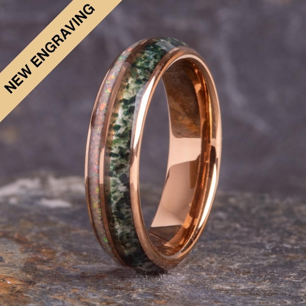 Rose Gold Moosachat & weißer Opal Wolfram Ring (6 mm breit)